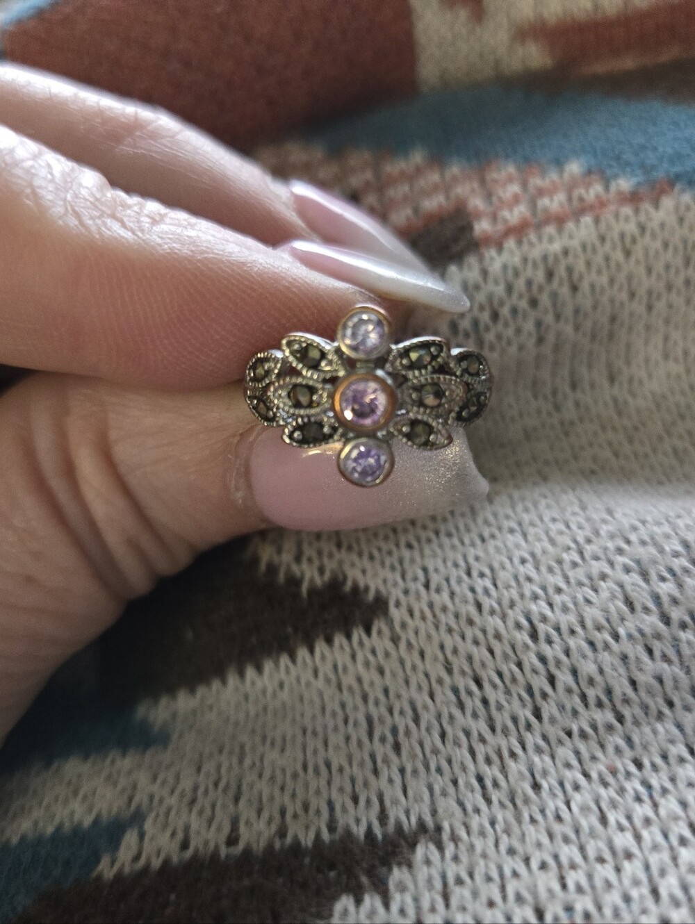 Vintage-Inspired Silver Ring with Pink and Lavender Stones With Marcasite